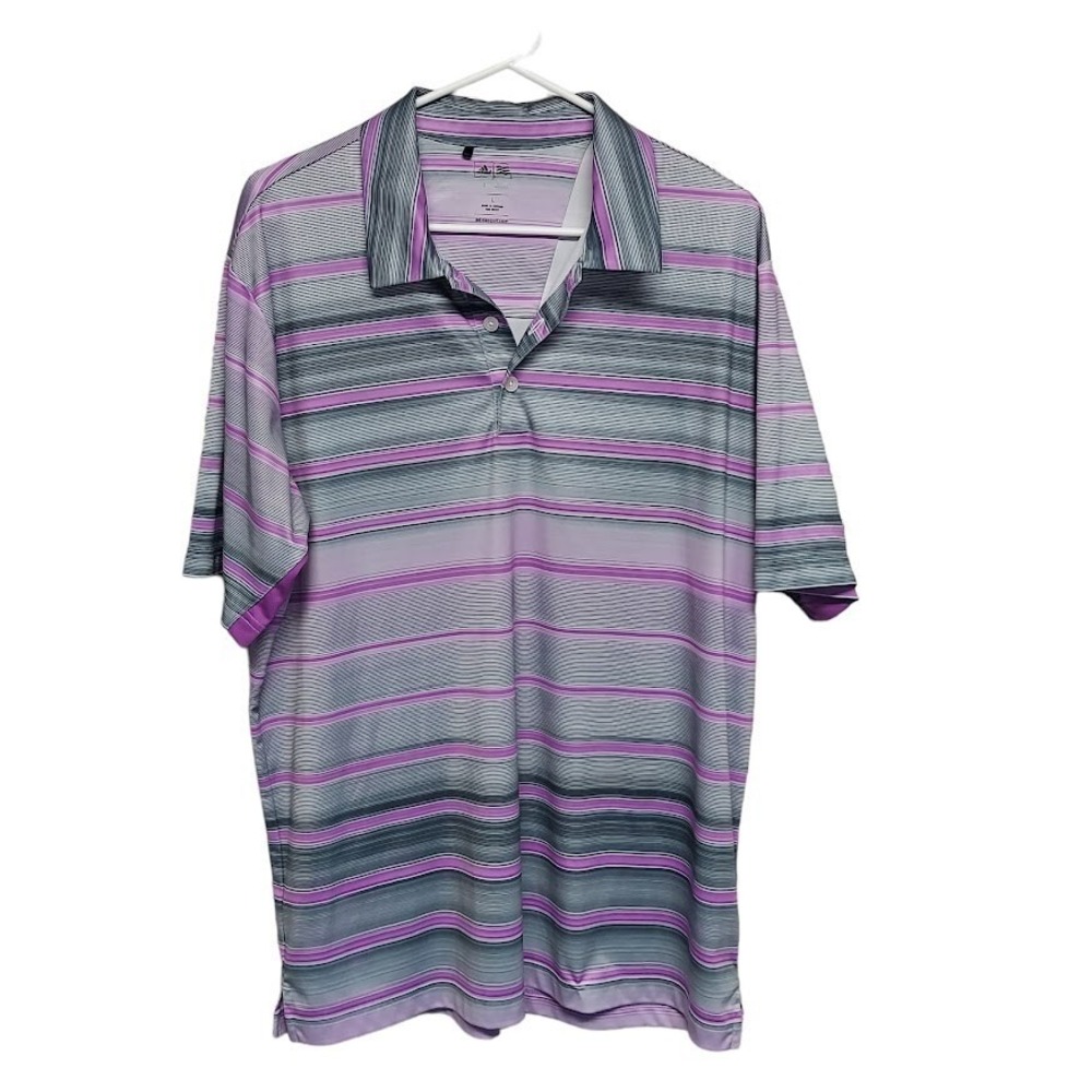 Adidas Polo Shirt Mens Large Purple & Gray Stripe Golf Climacool